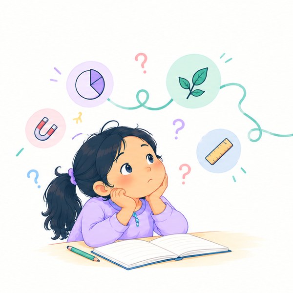 A puzzled girl sorting out what she knows; a Maths idea and a Science idea with a loose mint thread.