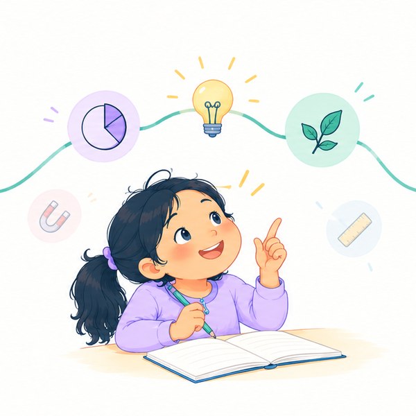 The thread now links the Maths idea to the Science idea, with a lightbulb where they join.